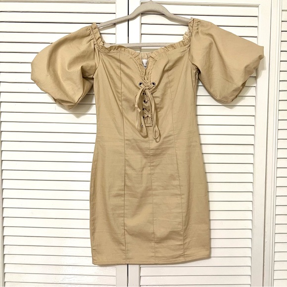 Better Be beige cream Puff Sleeve lace up mini Dress size S - Picture 9 of 15